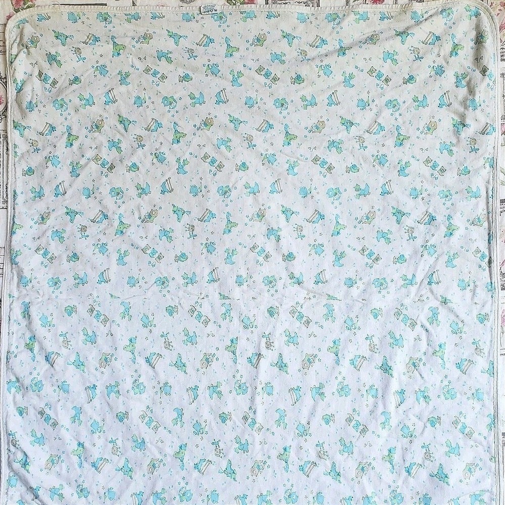 Vtg Carter's Baby Blanket Blue Animals Cotton Flannel Made in USA 1980s 90s